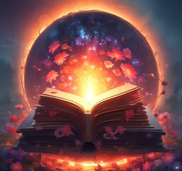 Illustration of fantasy spell book with multicolor flowers.
