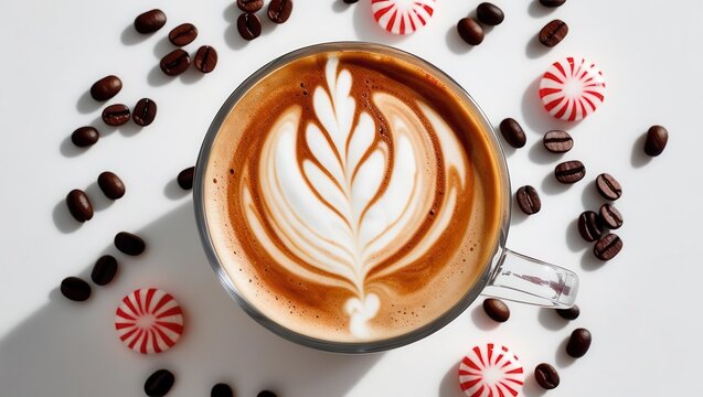 Delicious latte art surrounded by coffee beans and peppermint candies.