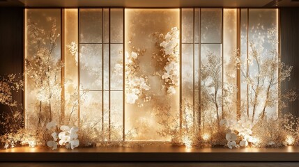 Naklejka premium A beautifully illuminated floral wall display featuring delicate blossoms and soft lighting, creating an elegant and serene atmosphere.
