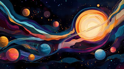 Vibrant Cosmic Landscape Featuring Colorful Planets, Bright Sun, and Swirling Cosmic Elements in a Stunning Abstract Design