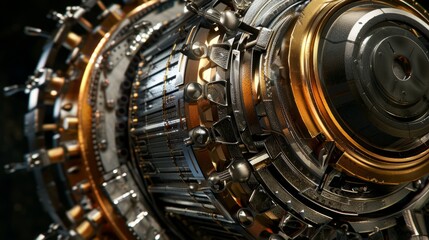 Metallic iron core with intricate magnetic field details, isolated on dark background, showcasing industrial strength and precision.