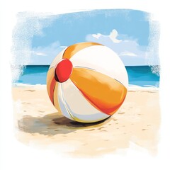 Obraz premium Beach ball on sandy shore near ocean. (1)