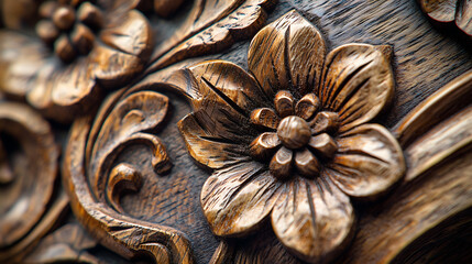 Close-up of wooden carving, intricate chisel marks and grain texture