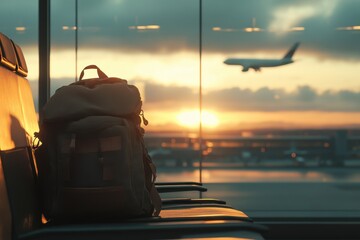 Backpack by Airport Window at Sunset with Airplane Taking Off in the Background