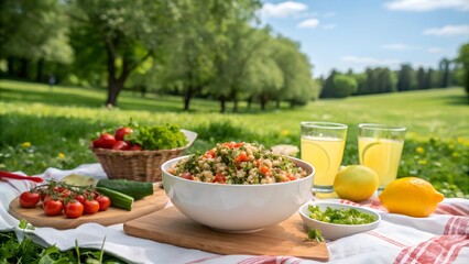 Tabbouleh picnic setting with lemonade and greens in a park.
