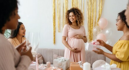 Joyful baby shower celebration with diverse women, gift exchange, and decorations