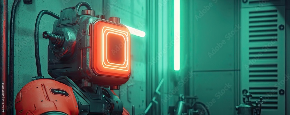 Poster Futuristic robotic head with glowing elements in a tech environment.