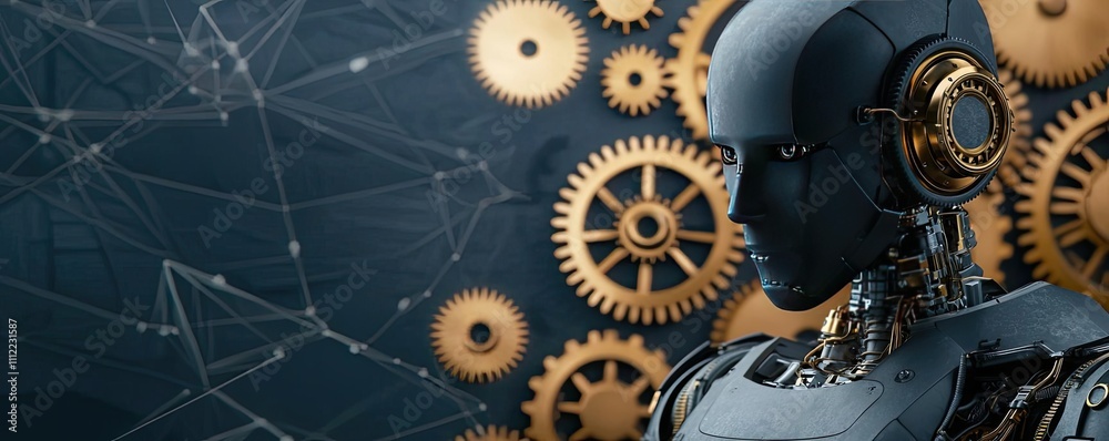 Poster Robotic figure with gears and abstract technology background.