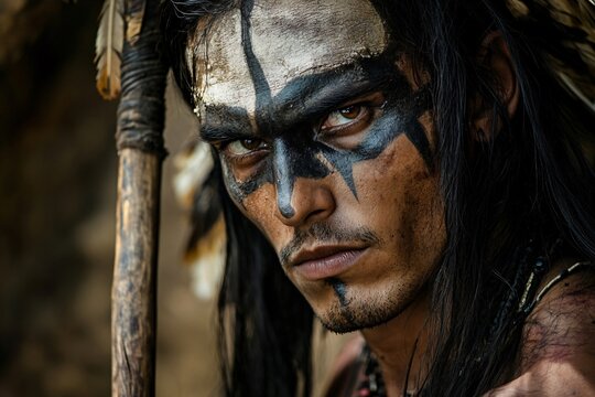 Portrait of an apache warrior with traditional war paint, holding a spear and wearing feathers
