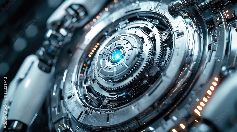 Poster futuristic technological design featuring intricate mechanical components.