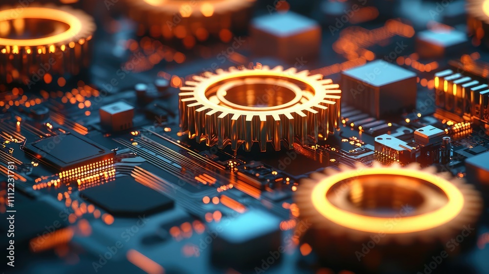 Poster close-up of mechanical gears on a circuit board with glowing orange accents.