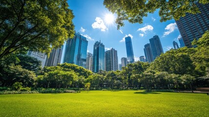 Obraz premium Urban Oasis: Skyscrapers and Lush Greenery in Harmony