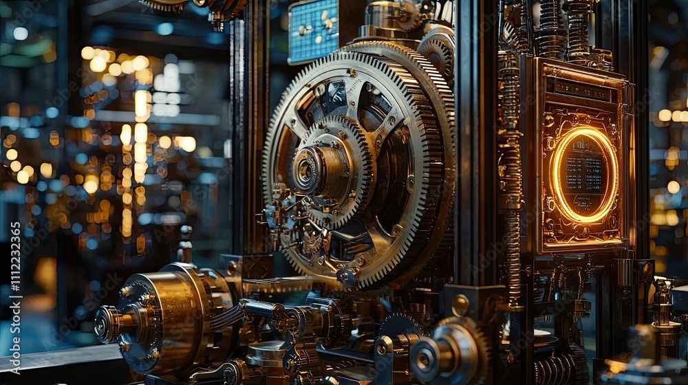 Poster Intricate steampunk mechanism with glowing elements on a dark background.