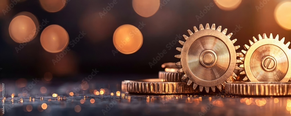 Poster Bronze gears on a sparkling surface with bokeh background, showcasing craftsmanship.