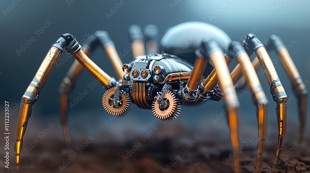 Poster futuristic robotic spider with metallic features on a blurred background.