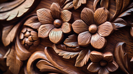 Traditional wooden carving,  intricate floral and leaf motifs, 