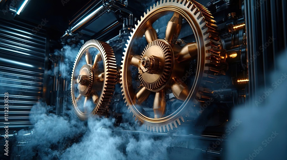 Poster close-up of intricate golden gears in a smoky mechanical environment.