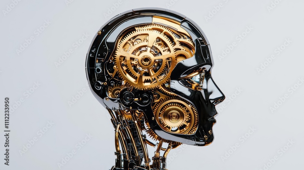 Poster futuristic robot head with intricate gears on a white isolated background.
