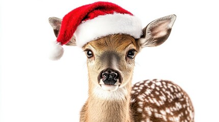 Deer wearing Santa's hat isolated on white background