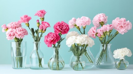 Obraz premium Colorful arrangement of pink and white carnation flowers in various glass vases on a simple background