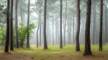 Fototapeta premium Misty Pine Forest: Enchanting Woodland Scene
