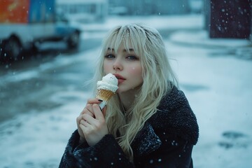 A beautiful blonde woman eating ice cream on the street in snowy weather