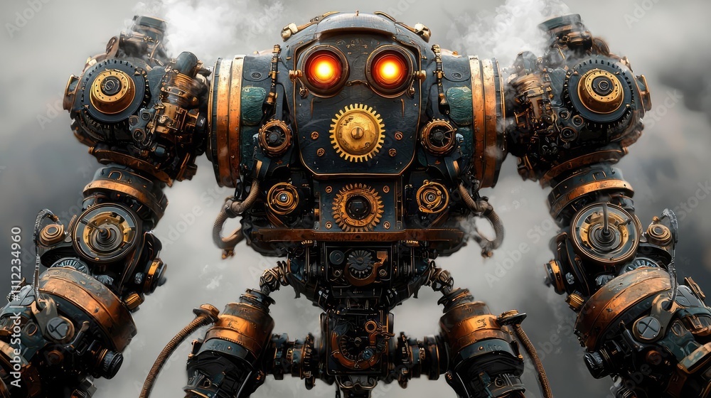 Poster mechanical robot with glowing eyes and intricate steampunk design.