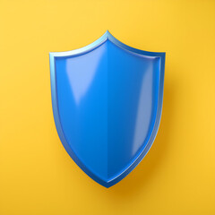 Blue shield on yellow backdrop. Protection, security and safety. Cybersecurity and insurance concept.