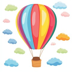 Colorful hot air balloon floating amidst pastel clouds.