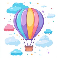 Fototapeta premium Colorful hot air balloon floating among pastel clouds and stars.