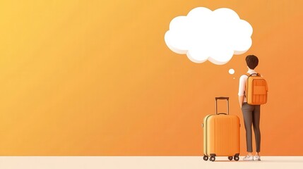 Traveler with suitcase and blank thought bubble, ideal for packing jokes, meme graphic, bag overload