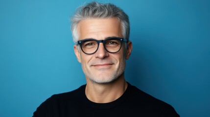 Obraz premium Confident middle aged man, smiling mature gray-haired male model wearing glasses looking at camera in stylish eyeglasses isolated on blue background.