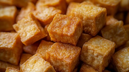 Crispy fried tofu close-up culinary art kitchen high detail top view food photography