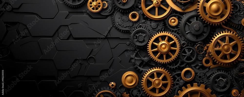Poster intricate arrangement of golden gears on a textured dark background.