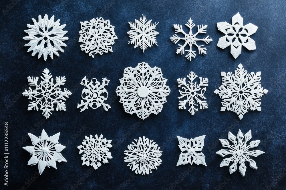 Aufkleber Intricately designed paper snowflakes create an artistic display against a dark surface, offering plenty of space for personal messages or decoration. Generative AI