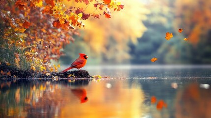 Vibrant Red Cardinal Perched on the Edge of a Tranquil Lake Surrounded by Autumn Leaves in Rich Orange and Yellow Hues, Capturing the Essence of Fall Serenity