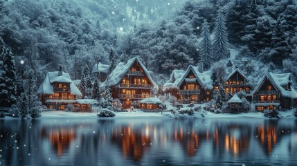 Fototapeta premium Serene Winter Wonderland with Cozy Cabins Nestled By a Snowy Lake Surrounded by Majestic Pine Trees and Sparkling Snowflakes on a Tranquil Evening