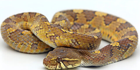 Obraz premium A coiled brown and yellow patterned snake against a white background.