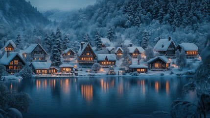 Fototapeta premium Serene Winter Village Amidst Snow-Capped Pines at Dusk with Warm Lights Reflecting on the Tranquil Lake Surface in an Enchanting Holiday Atmosphere