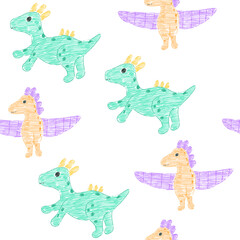 Kids seamless pattern of dinosaur in childlike style drawing with chalk texture