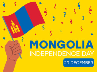 mongolia independence day 29 december, mongolia flag in hand. Greeting card, poster, banner template	
