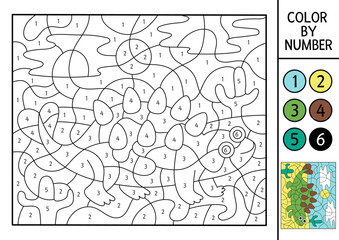 Vector dinosaur color by number activity with brontosaurus in the desert. Prehistoric landscape scene. Black and white counting game with ancient animal. Coloring page, mosaic painting for kids © Lexi Claus