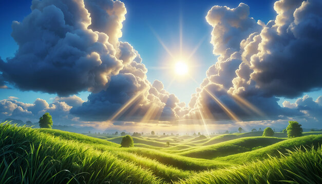 Lush green hills under a dramatic sky with sunbeams breaking through clouds