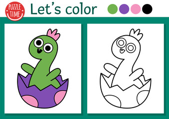 Dinosaur coloring page for children with hatching little brachiosaurus. Vector prehistoric outline illustration. Simple color book for kids with colored example. Drawing skills printable worksheet