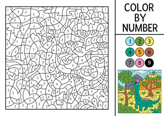 Vector dinosaur color by number activity with brachiosaurus eating leaves. Prehistoric landscape scene. Black and white counting game with ancient animal. Coloring page, mosaic painting for kids