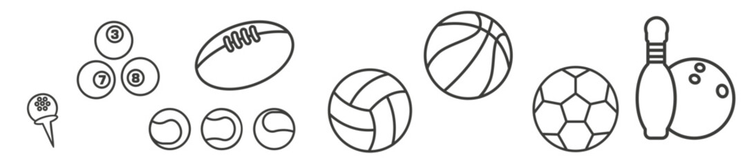 Set of different balls. Sports equipment.Set of flat objects, icons of sports equipment for recreation and leisure.