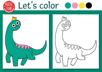Dinosaur coloring page for children with brachiosaurus. Vector prehistoric outline illustration. Simple color book for kids with colored example. Drawing skills printable worksheet with diplodocus