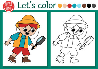 Dinosaur coloring page for children with paleontologist. Vector prehistoric outline illustration. Simple color book for kids with colored example. Drawing skills printable worksheet with archeologist