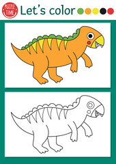 Dinosaur coloring page for children with iguanodon. Vector prehistoric outline illustration. Simple color book for kids with colored example. Drawing skills printable worksheet