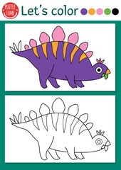 Dinosaur coloring page for children with stegosaurus. Vector prehistoric outline illustration. Simple color book for kids with colored example. Drawing skills printable worksheet with stegosaur
